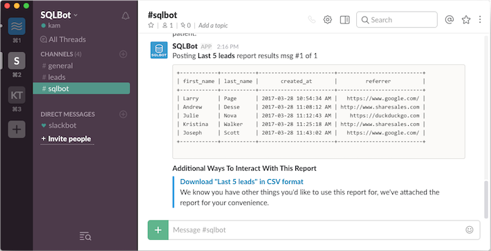 sql results in slack